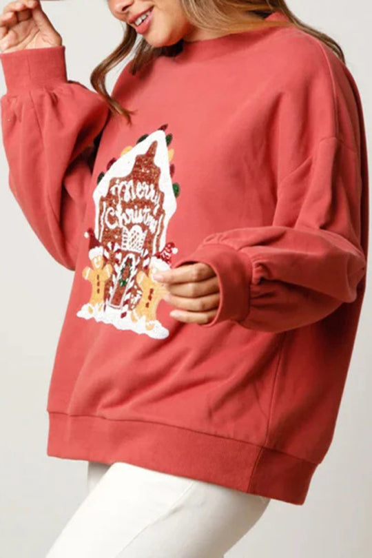 R&B | Weihnachts Süßigkeitenhaus Pailletten Lässiger Lockere Pullover