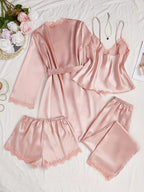 R&B | Satin 4-teiliger Pyjama-Set mit Spitzenbesatz für Frauen | Ideal für alle Jahreszeiten