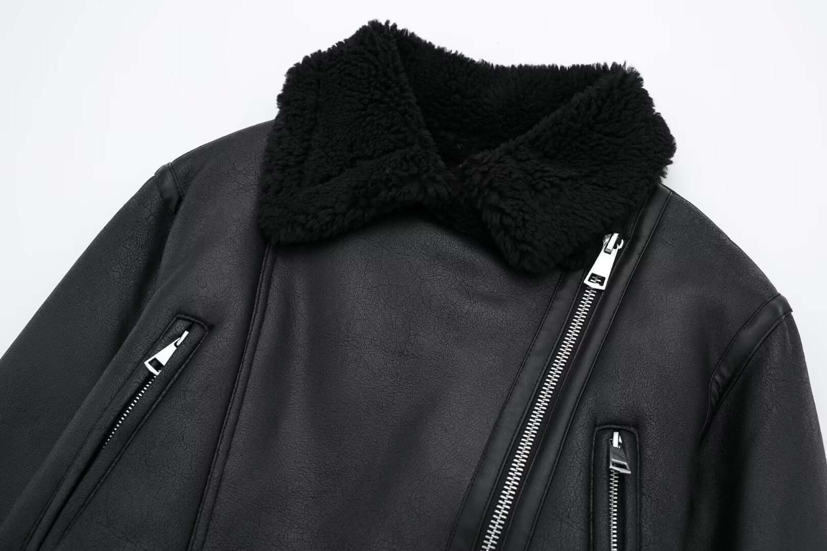 R&B | Damen Faux-Lederjacke mit Pelzkragen