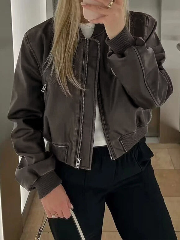 R&B | Einfarbige Leder-Bomberjacke