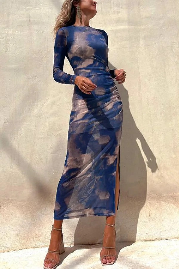 R&B | Charm Lady Mesh Overlay Tie Dye Print Langarm Rüsch Stretch Midi Kleid