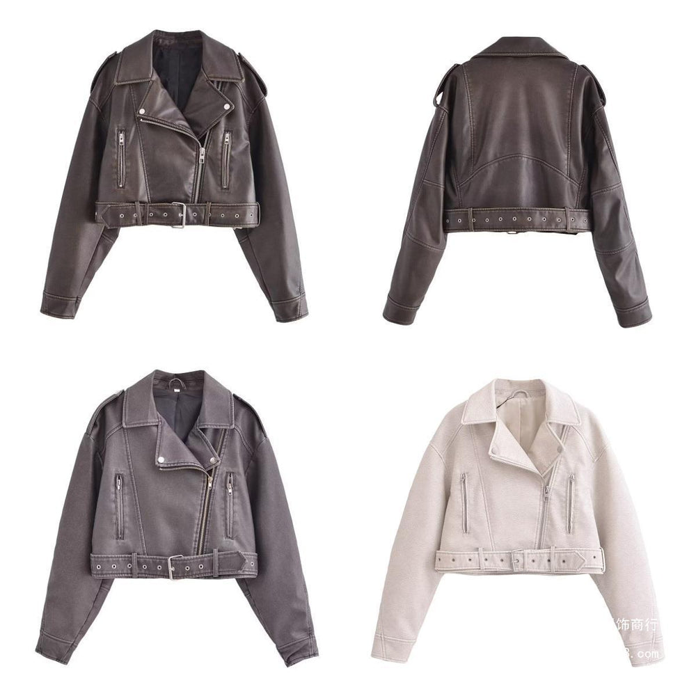 R&B | Damen PU Motorradjacke mit Reißverschluss und Gürtel