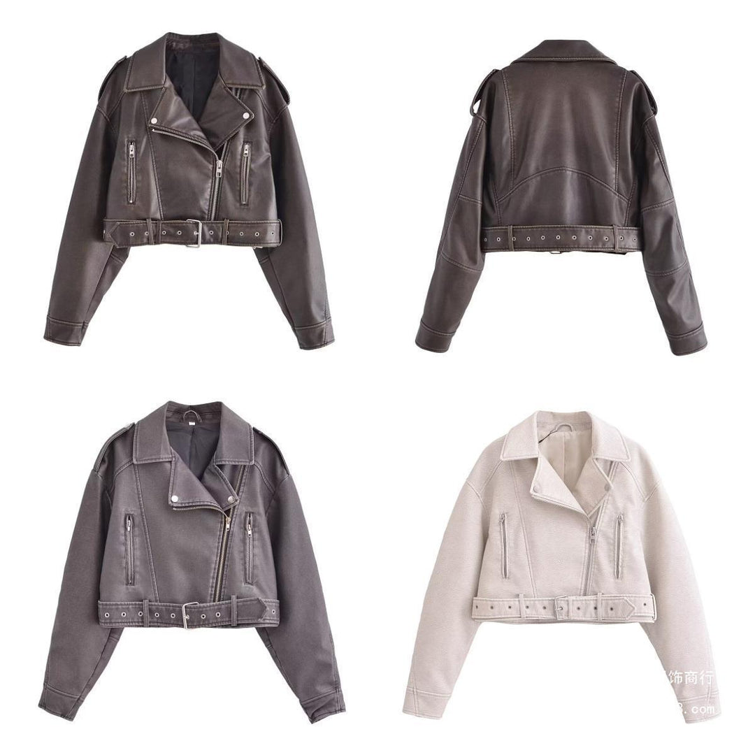 R&B | Damen PU Motorradjacke mit Reißverschluss und Gürtel