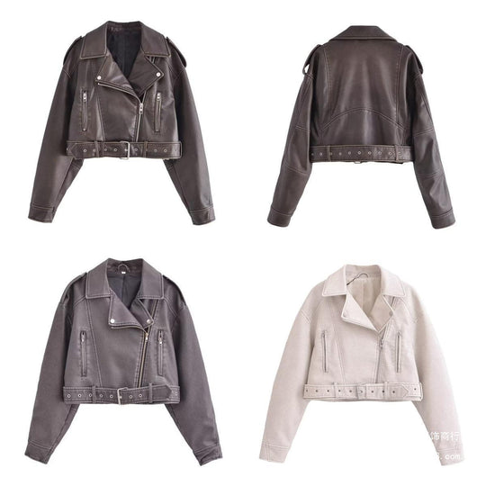 R&B | Damen PU Motorradjacke mit Reißverschluss und Gürtel