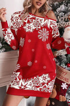 R&B | Weihnachts-Schneeflocke Kalt-Schulter Lockeres Sweatshirt Mini Kleid
