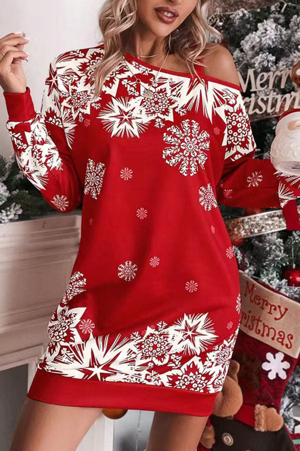 R&B | Weihnachts-Schneeflocke Kalt-Schulter Lockeres Sweatshirt Mini Kleid