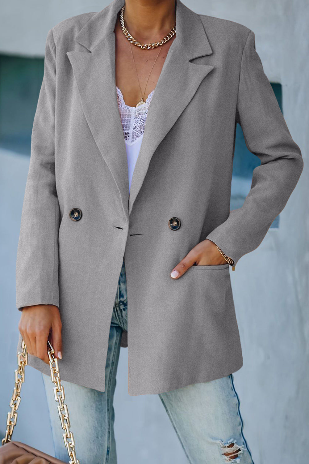 R&B | Doppelreihiger Blazer mit gepolsterten Schultern und Taschen