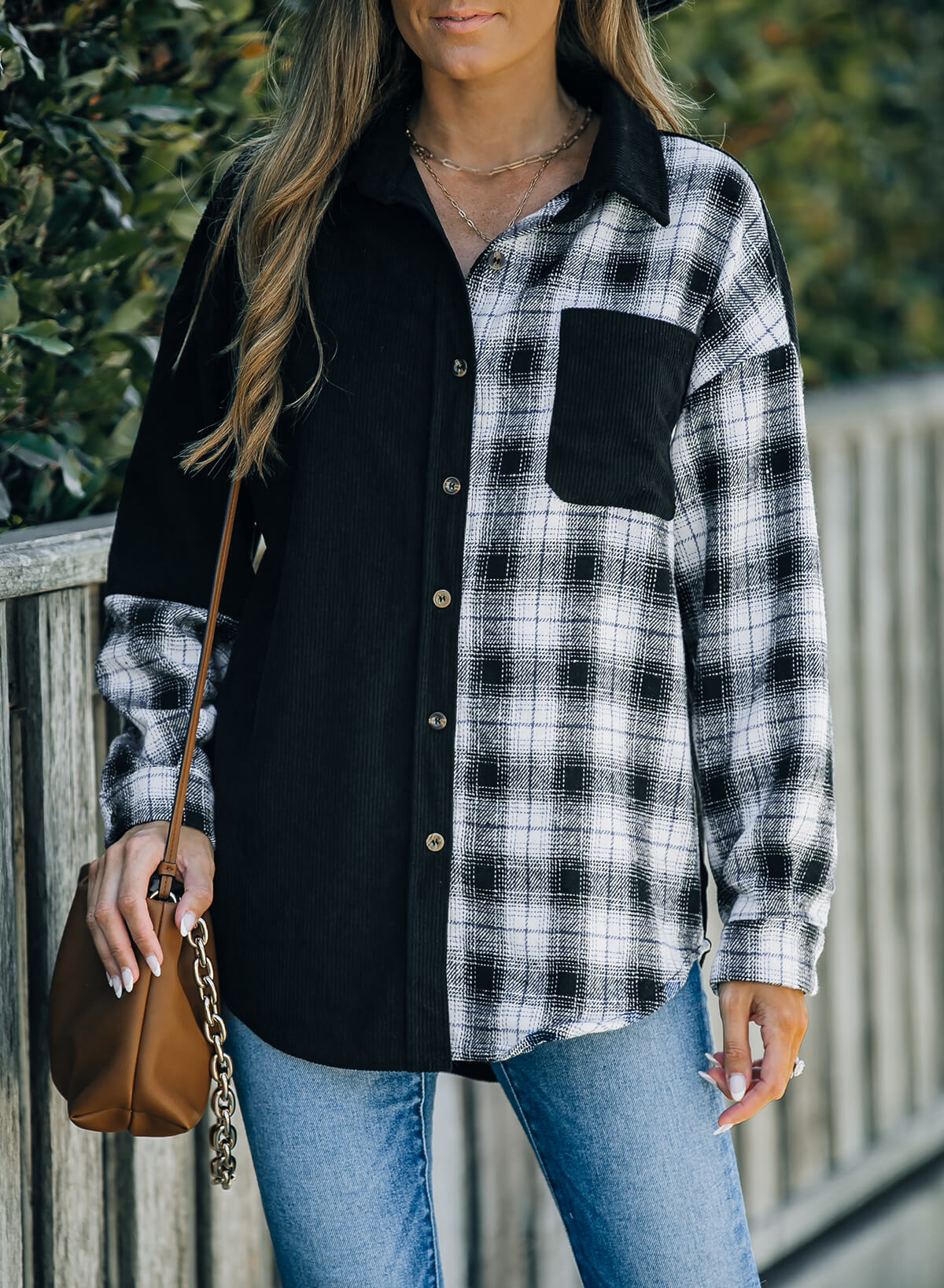 R&B | Karierte Farbblock Gefallen Schulter Corduroy Shacket