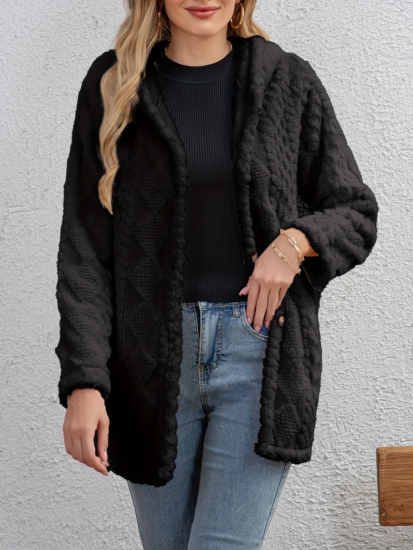 R&B | Fluffy Kapuzenjacke mit Knöpfen Polyester Weich und Warm