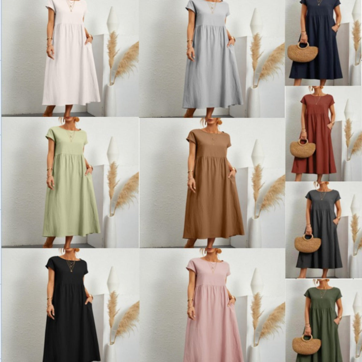 R&B | Einfarbiges ärmelloses lockeres Taschenkleid