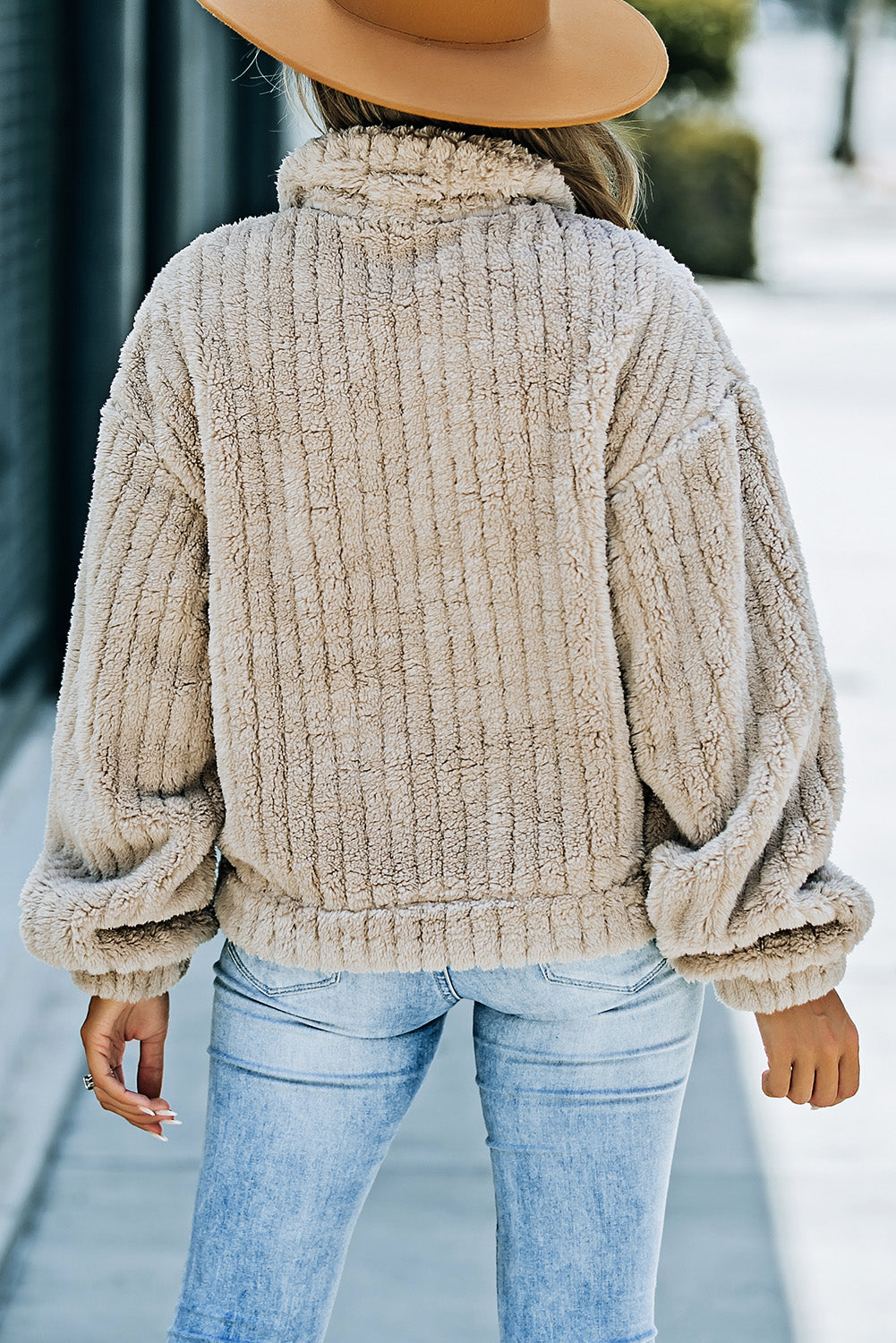 Unifarbene Plüsch Fleece Jacke Mit Knopfleiste