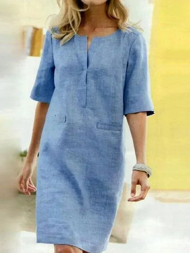 R&B | Damen Kurzarm Baumwolle und Leinen Kleid