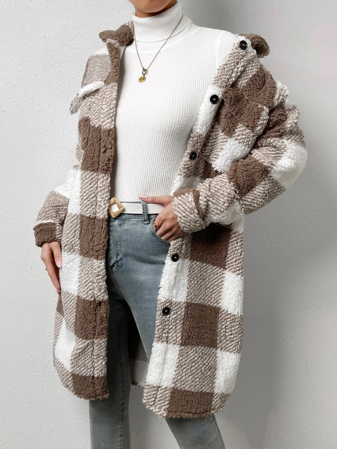 R&B | kariert Jacke mit plüschigem Kragen und Knöpfen