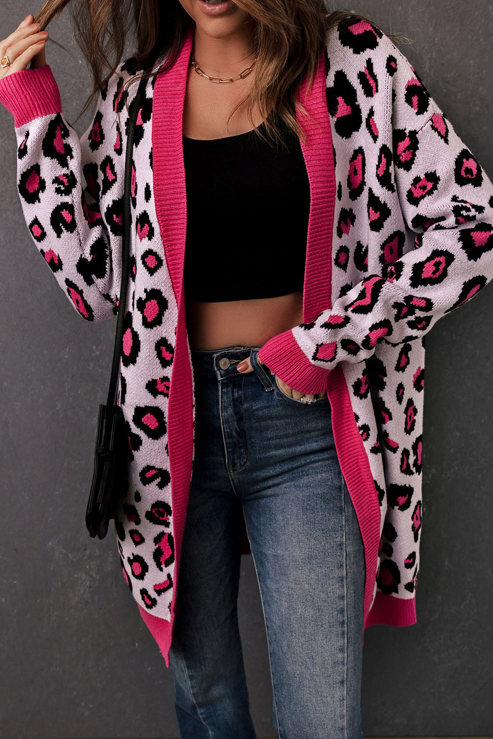 R&B | Leopard-Kontrastbesatz Offene Vorderseite Langarmlange Strickjacke