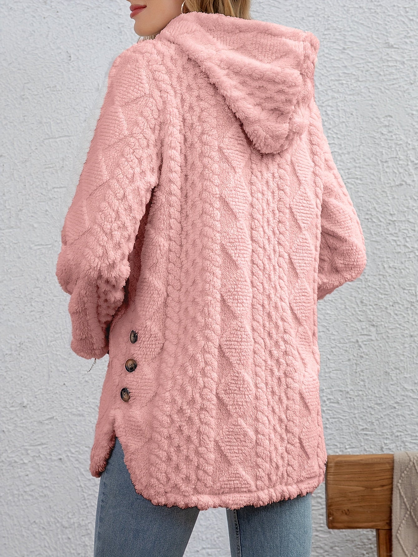 R&B | Fluffy Kapuzenjacke mit Knöpfen Polyester Weich und Warm