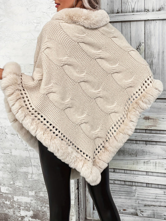R&B | Poncho mit Kunstpelzrand und Grobstrickmuster Acryl Elegant und Warm