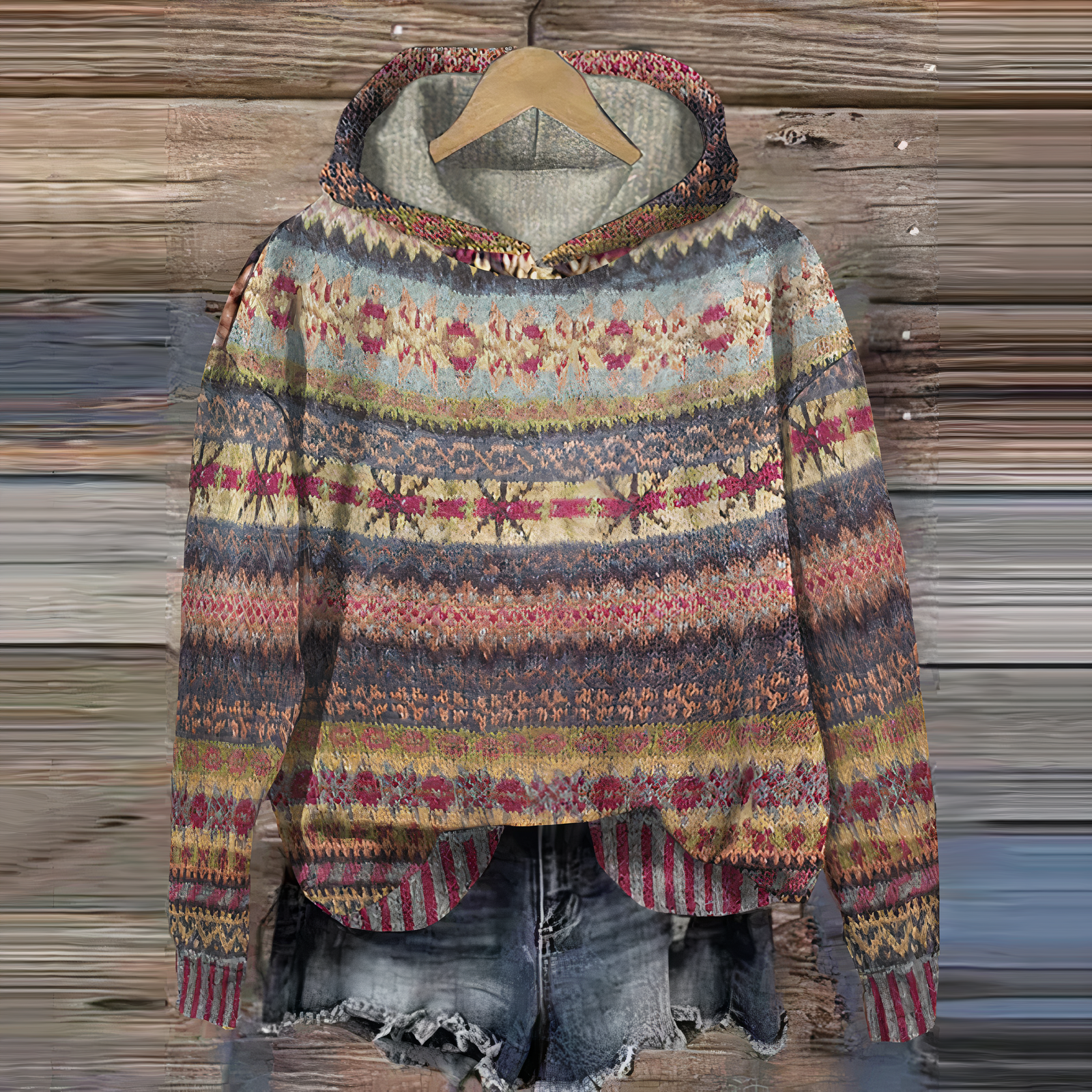 R&B | 3D Fair Isle Print Hoodie Lässiger Fit Pullover Sweatshirt