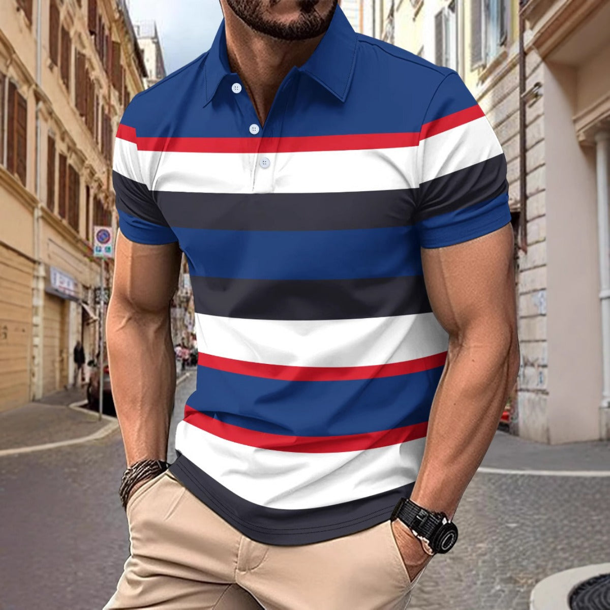 R&B | V-Ausschnitt Button Business Stripe Vielseitiges T-Shirt