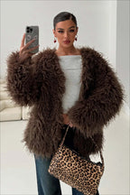 R&B | Fluffy Brown Faux Fur Übergroße Jacke