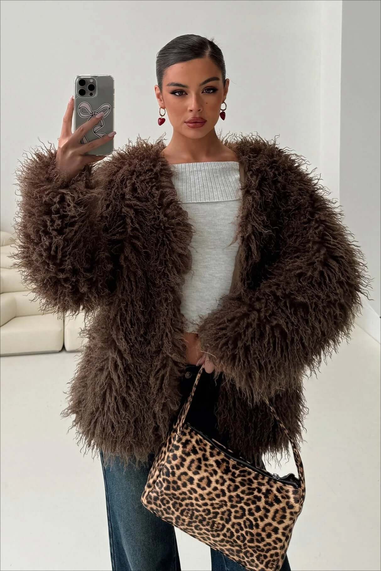 R&B | Fluffy Brown Faux Fur Übergroße Jacke