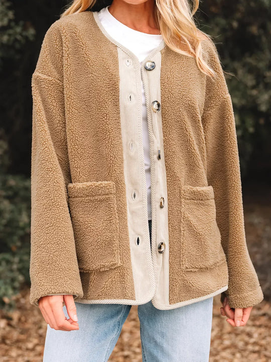 R&B | Damen Button-Front Sherpa Teddy Jacke