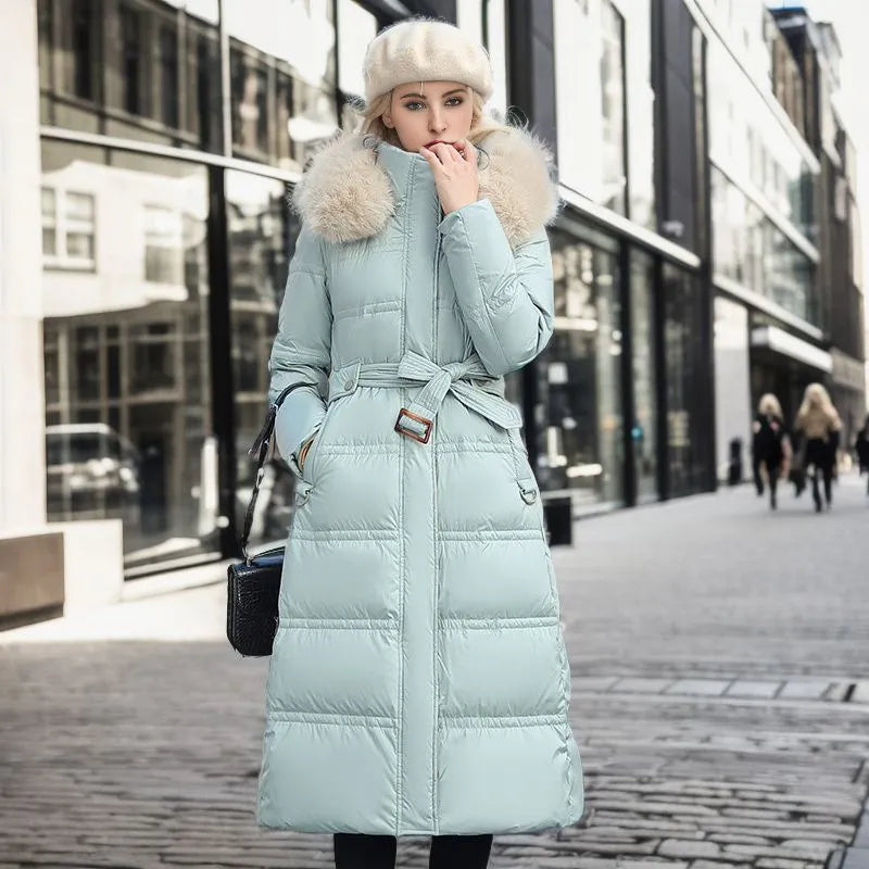 R&B | Damen lange Winterjacke mit Pelzmütze und Gürtel
