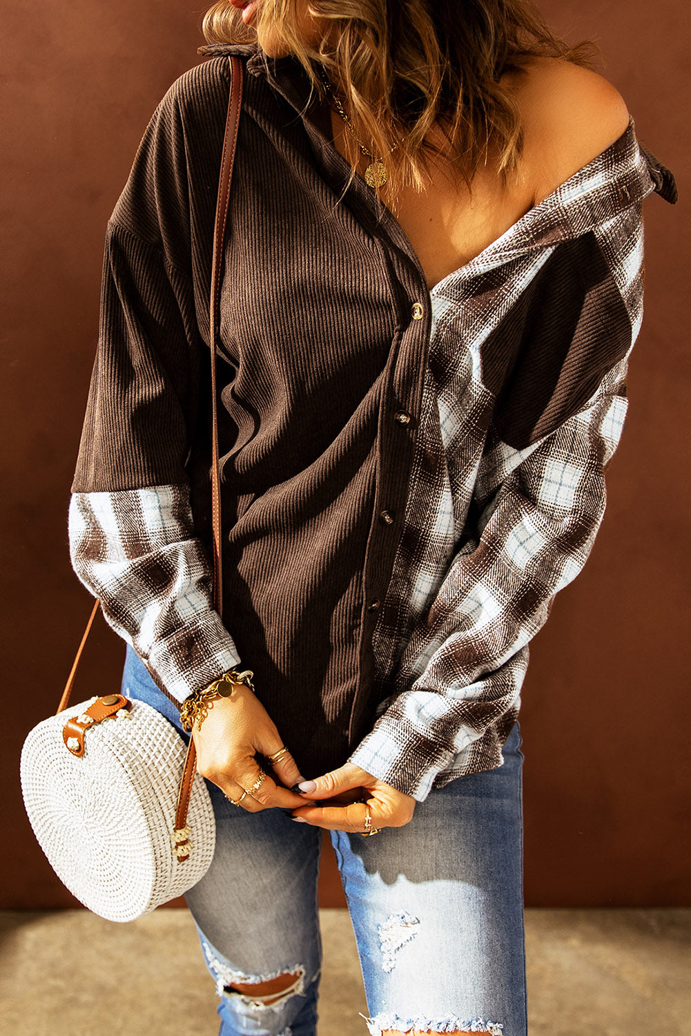 R&B | Karierte Farbblock Gefallen Schulter Corduroy Shacket