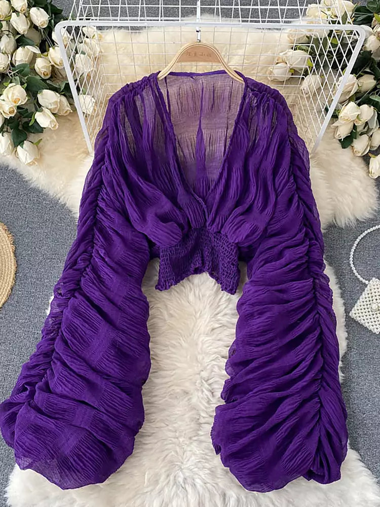R&B | Elegantes Chiffon V-Leder Puff Lange Ärmel Kurze Tops