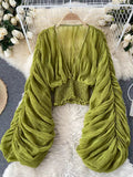 R&B | Elegantes Chiffon V-Leder Puff Lange Ärmel Kurze Tops