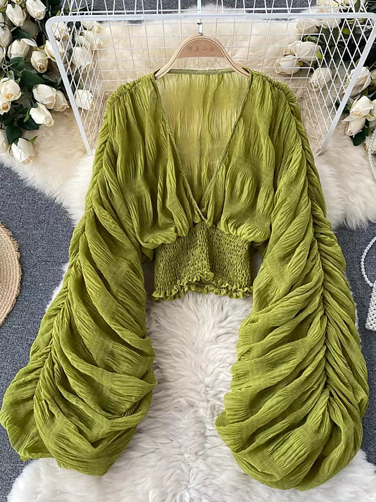 R&B | Elegantes Chiffon V-Leder Puff Lange Ärmel Kurze Tops