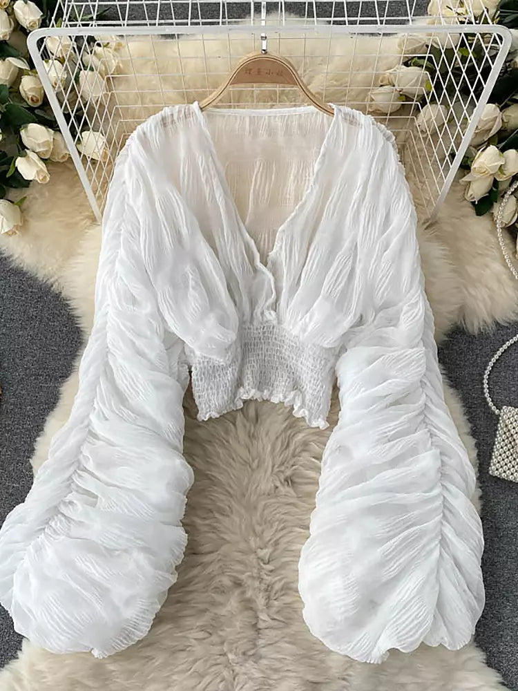 R&B | Elegantes Chiffon V-Leder Puff Lange Ärmel Kurze Tops