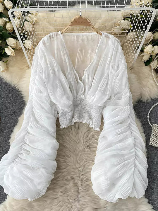 R&B | Elegantes Chiffon V-Leder Puff Lange Ärmel Kurze Tops