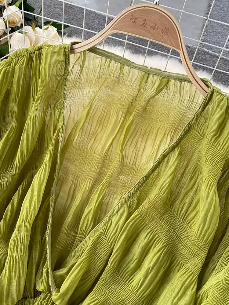 R&B | Elegantes Chiffon V-Leder Puff Lange Ärmel Kurze Tops