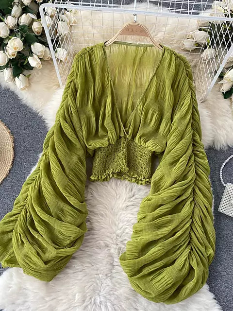 R&B | Elegantes Chiffon V-Leder Puff Lange Ärmel Kurze Tops