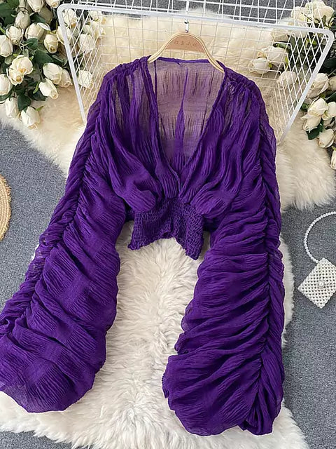 R&B | Elegantes Chiffon V-Leder Puff Lange Ärmel Kurze Tops