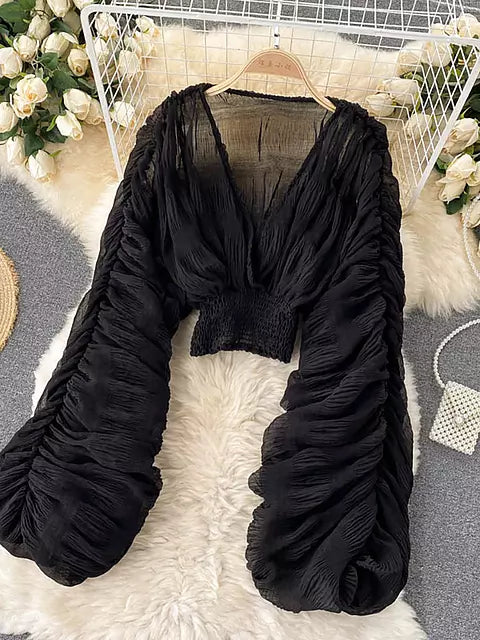 R&B | Elegantes Chiffon V-Leder Puff Lange Ärmel Kurze Tops