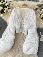 R&B | Elegantes Chiffon V-Leder Puff Lange Ärmel Kurze Tops