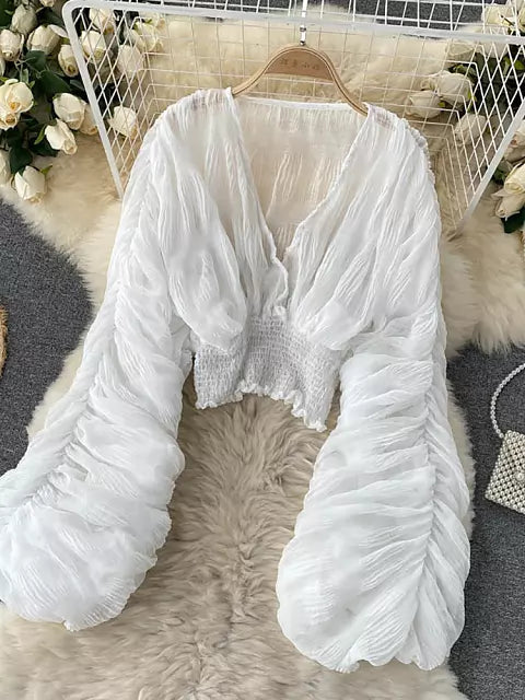 R&B | Elegantes Chiffon V-Leder Puff Lange Ärmel Kurze Tops