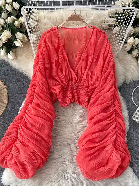 R&B | Elegantes Chiffon V-Leder Puff Lange Ärmel Kurze Tops