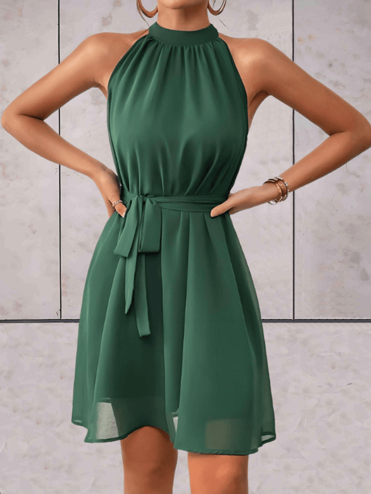 R&B | Danes Mini Kleid Einfarbiges Ärmelloses Kleid mit Rundhalsausschnitt und Bindegürtel