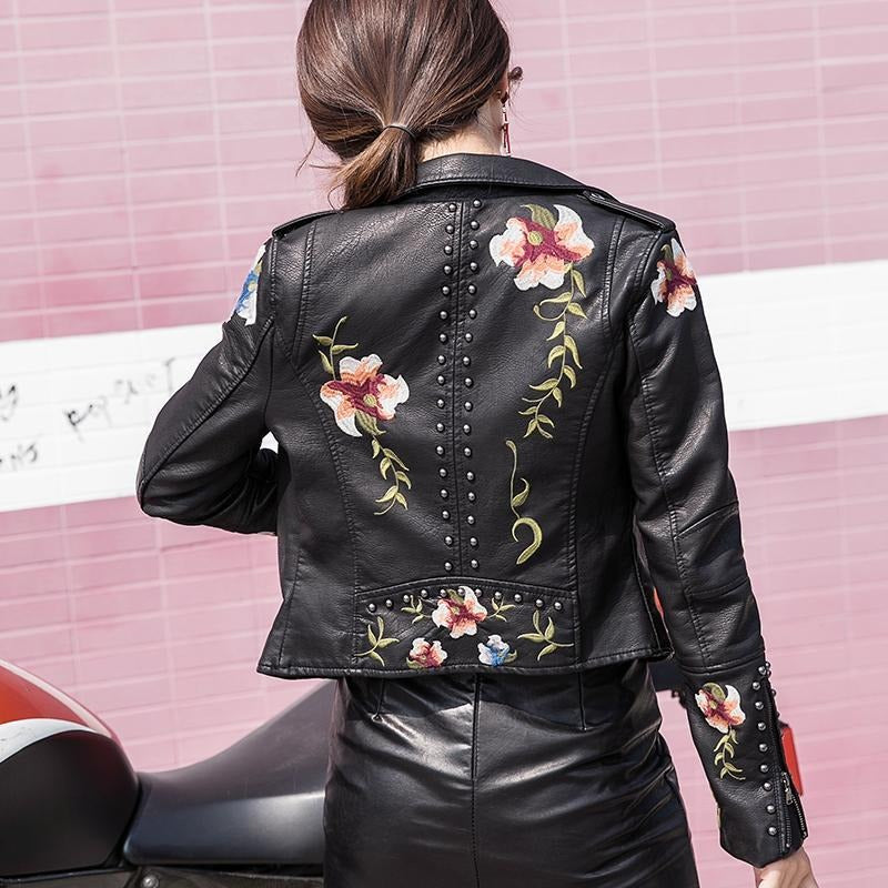 R&B | Bestickte Frauen Kunstleder Bikerjacke