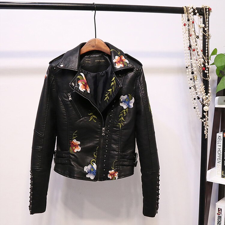R&B | Bestickte Frauen Kunstleder Bikerjacke