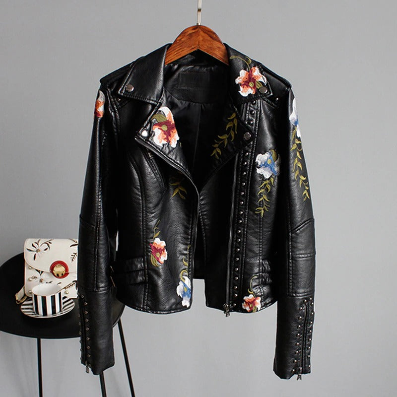 R&B | Bestickte Frauen Kunstleder Bikerjacke