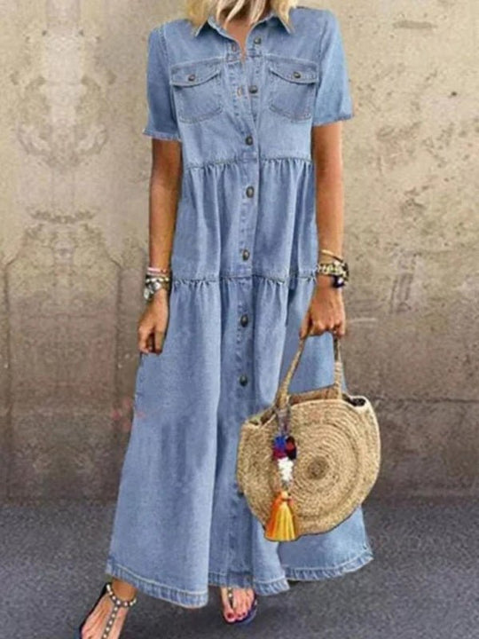 R&B | Europäischer und amerikanischer Denim-Stil langes Mehrknopf-verwüstetes Kleid