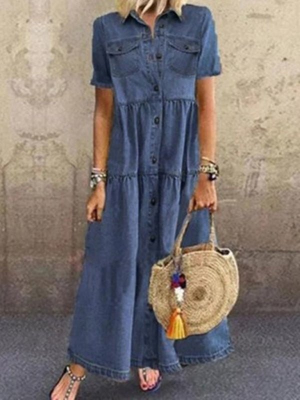 R&B | Europäischer und amerikanischer Denim-Stil langes Mehrknopf-verwüstetes Kleid