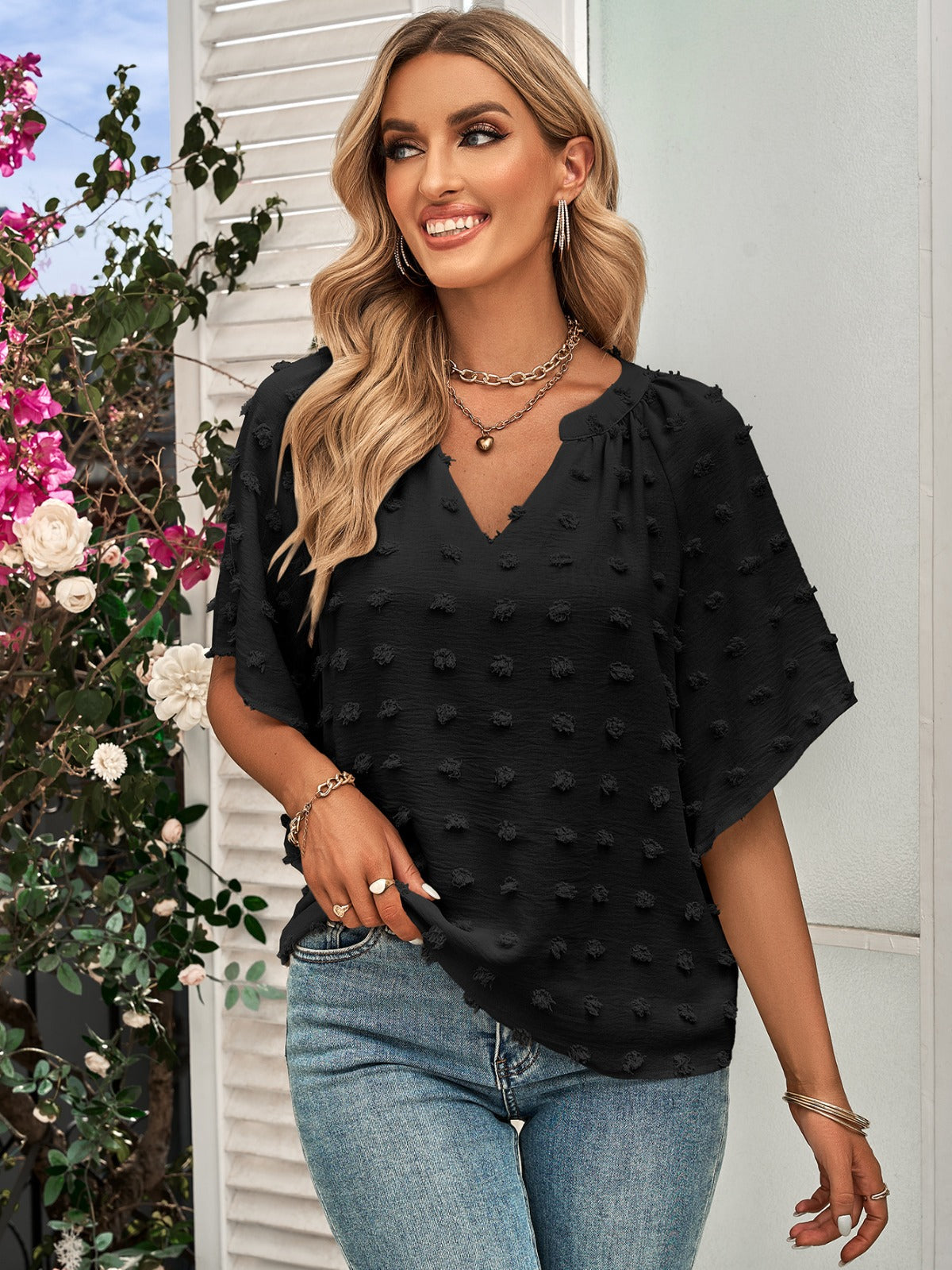 R&B | Damen V-Ausschnitt einfarbig Haarball Top Damen