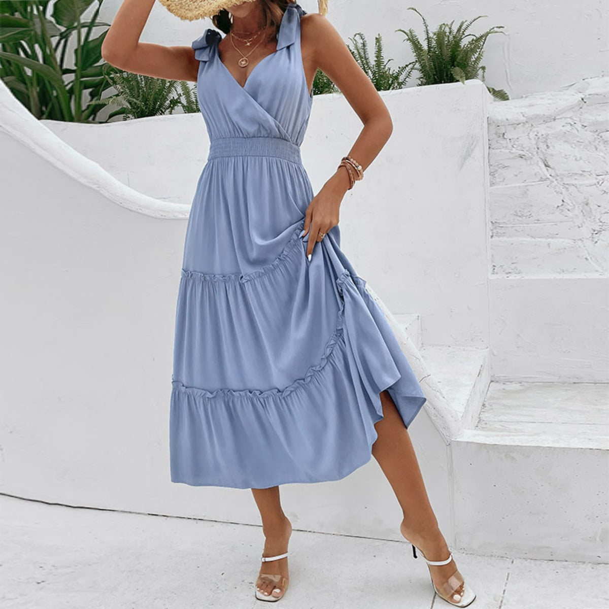 R&B | Solide Farbe Strumpfhalter Pilz Rand hohe Taille Kleid