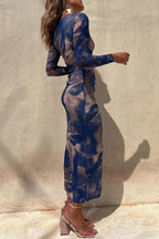 R&B | Charm Lady Mesh Overlay Tie Dye Print Langarm Rüsch Stretch Midi Kleid