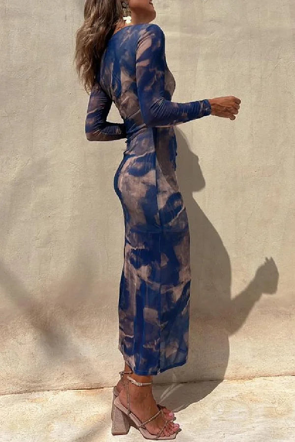 R&B | Charm Lady Mesh Overlay Tie Dye Print Langarm Rüsch Stretch Midi Kleid
