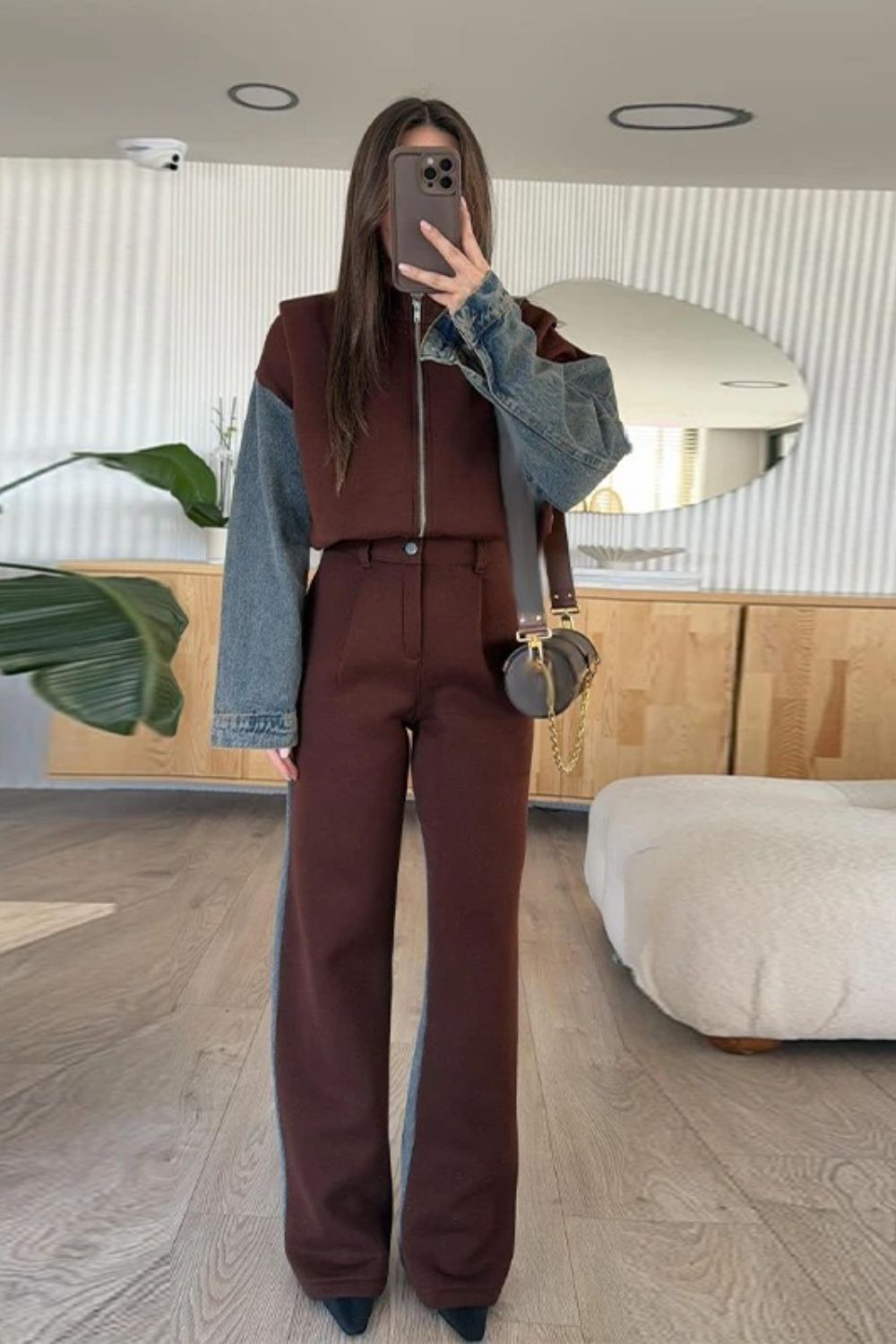 R&B | Lässige Denim-Patchwork-Sweatshirtjacke mit Reißverschluss